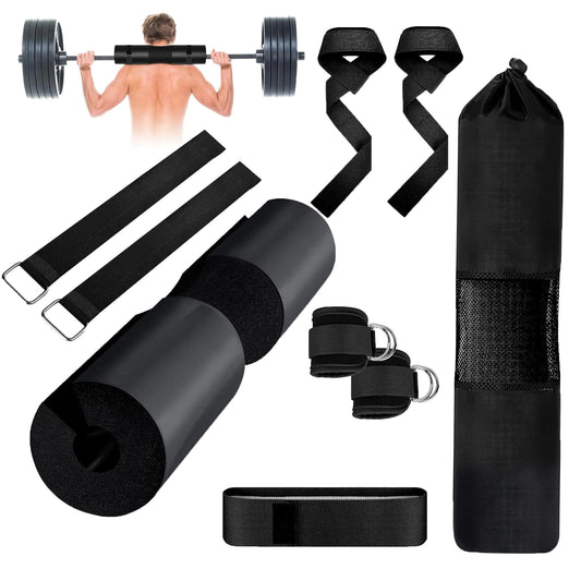 CozyCottage 9Pcs Unisex Barbell Pad Set for Squats & Hip Thrusts Gym Barbell Pad Set with 2 Gym Ankle Straps 2 resistance bands 2 Squat pads a Barbell Pad a Hip Thrust and Carry Bag for Gym